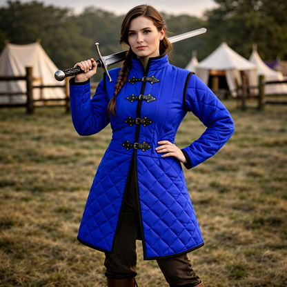 Medieval Long Gambeson Jacket – Black Leather Trim LARP Armor