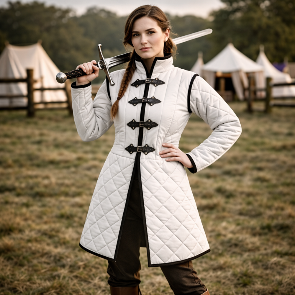 Medieval Long Gambeson Jacket – Black Leather Trim LARP Armor