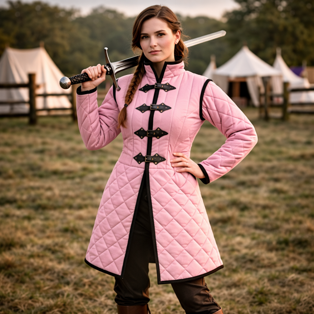 Medieval Long Gambeson Jacket – Black Leather Trim LARP Armor