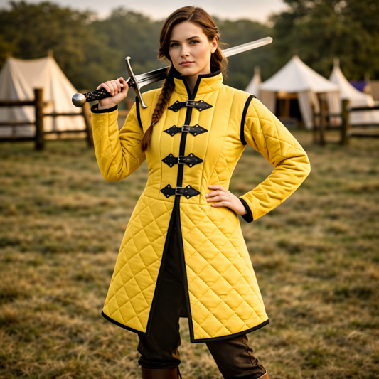 Medieval Long Gambeson Jacket – Black Leather Trim LARP Armor