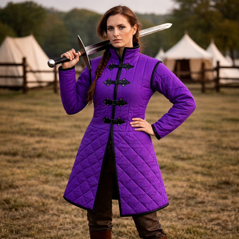 Medieval Long Gambeson Jacket – Black Leather Trim LARP Armor