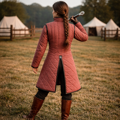 Medieval Long Gambeson Jacket – Black Leather Trim LARP Armor