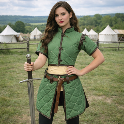 Witcher Red Gambeson Costume – Medieval LARP Armor with Tan Leather Trim