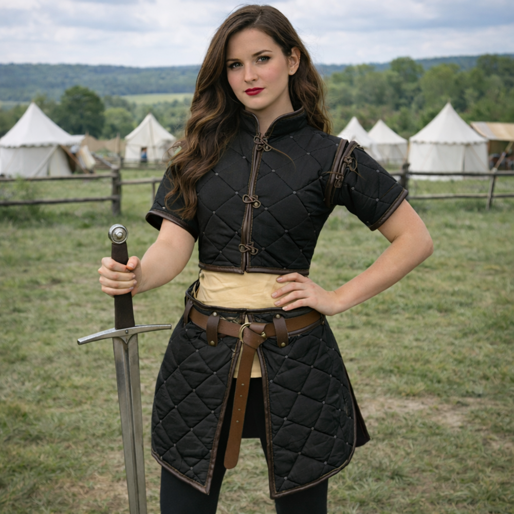 Witcher Red Gambeson Costume – Medieval LARP Armor with Tan Leather Trim