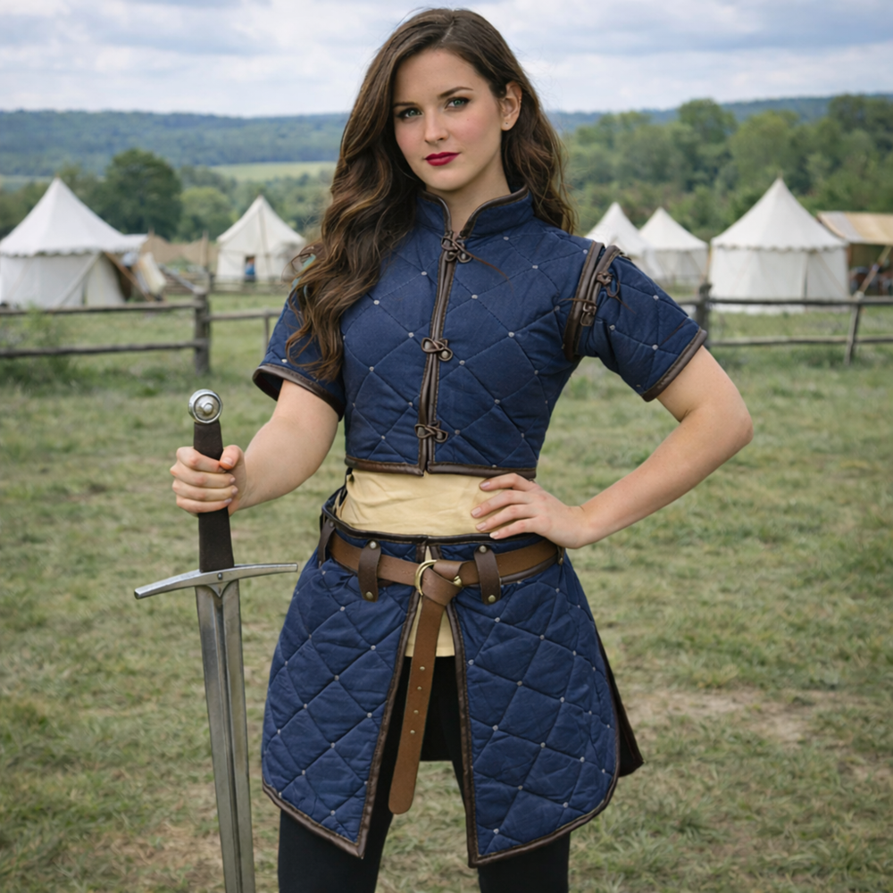 Witcher Red Gambeson Costume – Medieval LARP Armor with Tan Leather Trim
