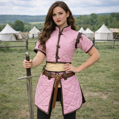 Witcher Red Gambeson Costume – Medieval LARP Armor with Tan Leather Trim