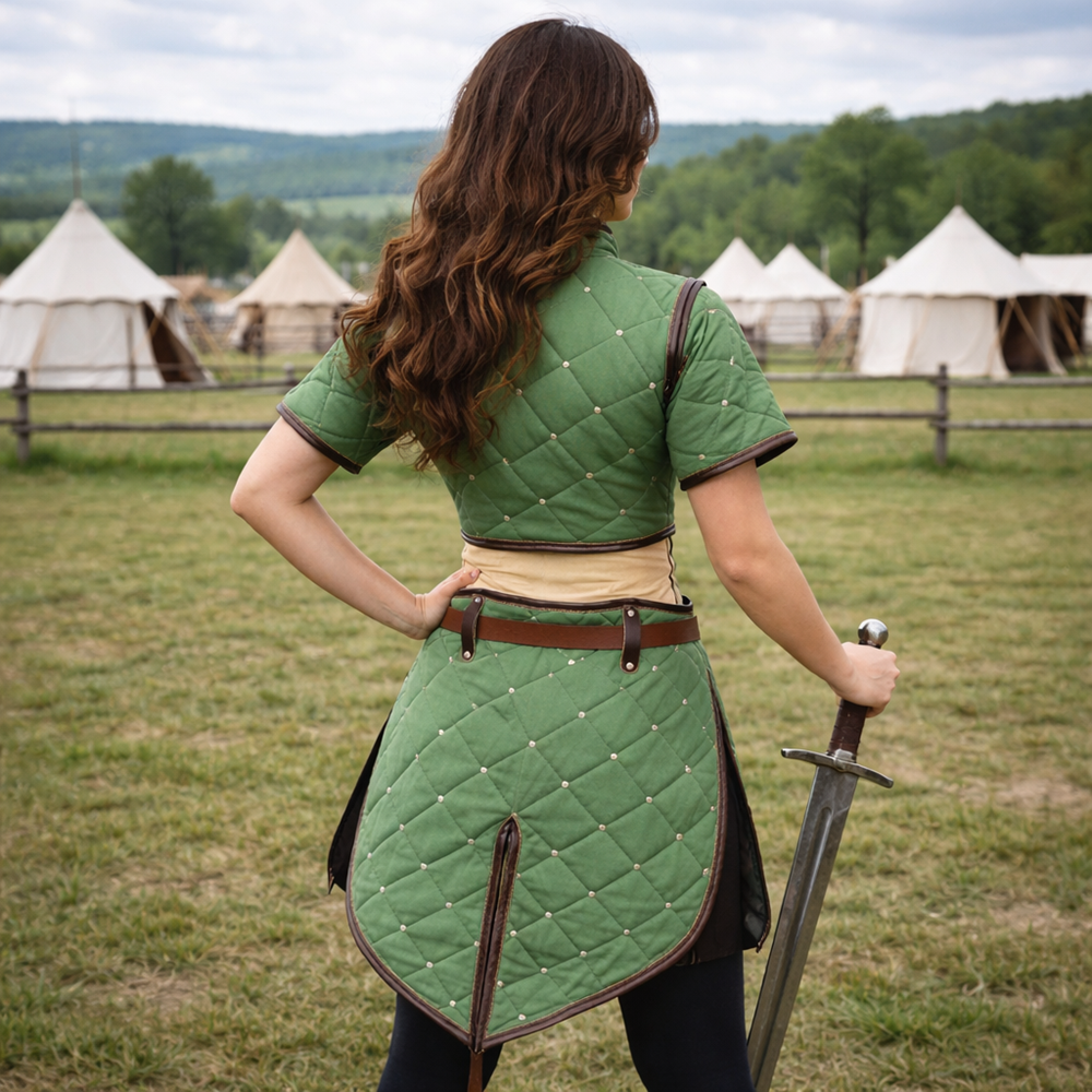 Witcher Red Gambeson Costume – Medieval LARP Armor with Tan Leather Trim