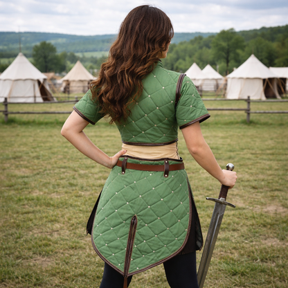 Witcher Red Gambeson Costume – Medieval LARP Armor with Tan Leather Trim