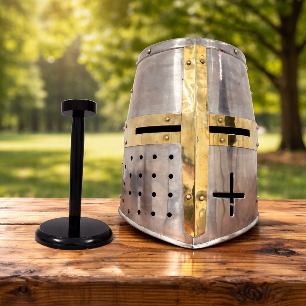 Medieval Templar Helmet With  Wooden Stand