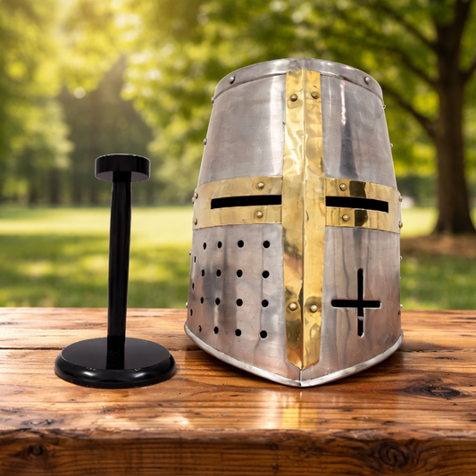Medieval Templar Helmet With  Wooden Stand