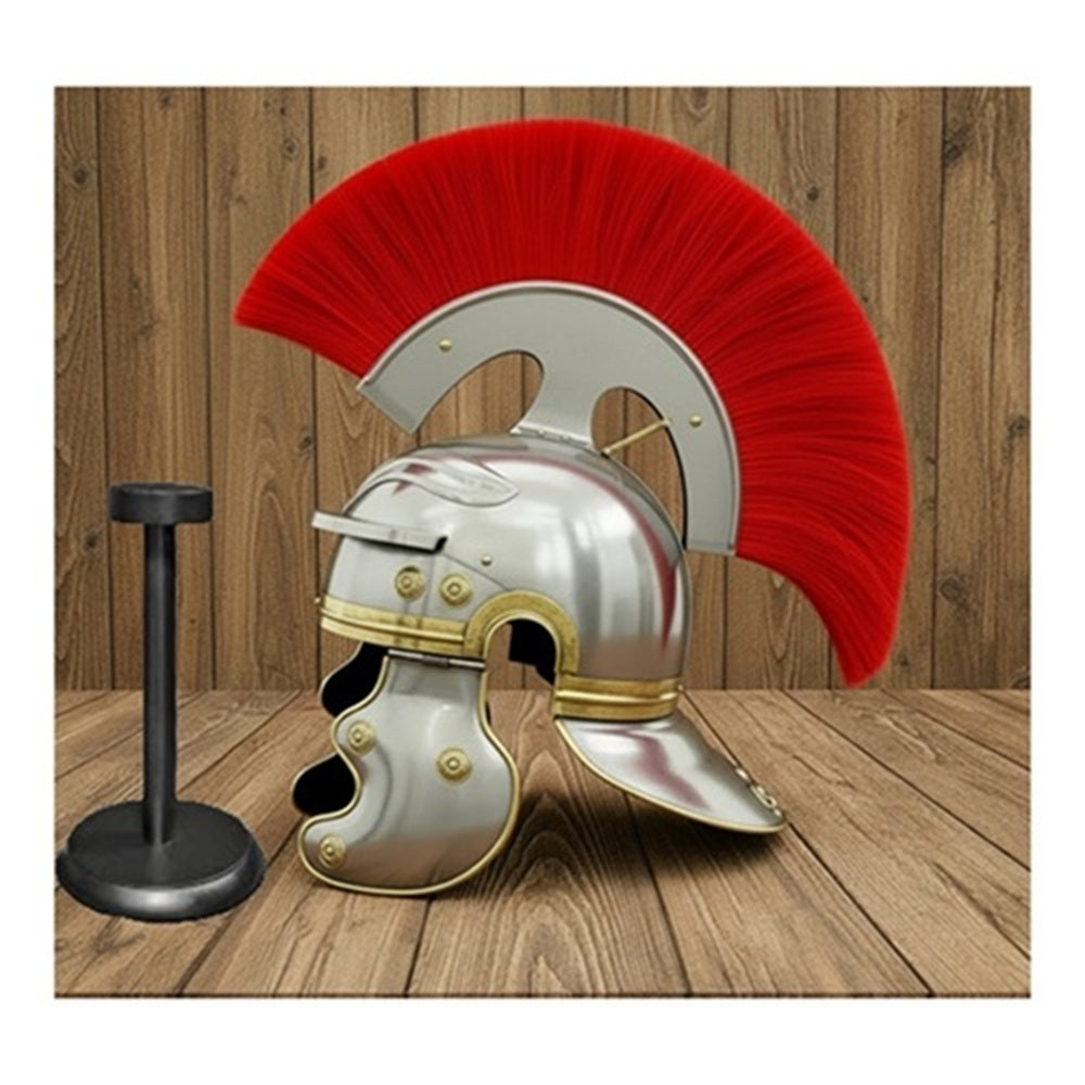 Roman Centurion Helmet with Red Plume & Wooden Stand Free