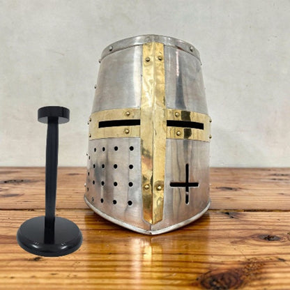 Medieval Templar Helmet With  Wooden Stand