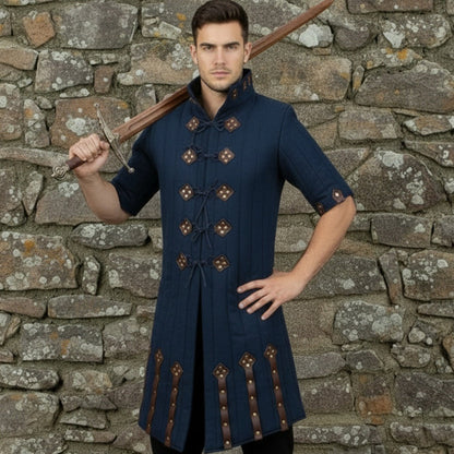 Medieval Blue Gambeson – Padded Armor Coat with Leather Closures for LARP & Ren Faire