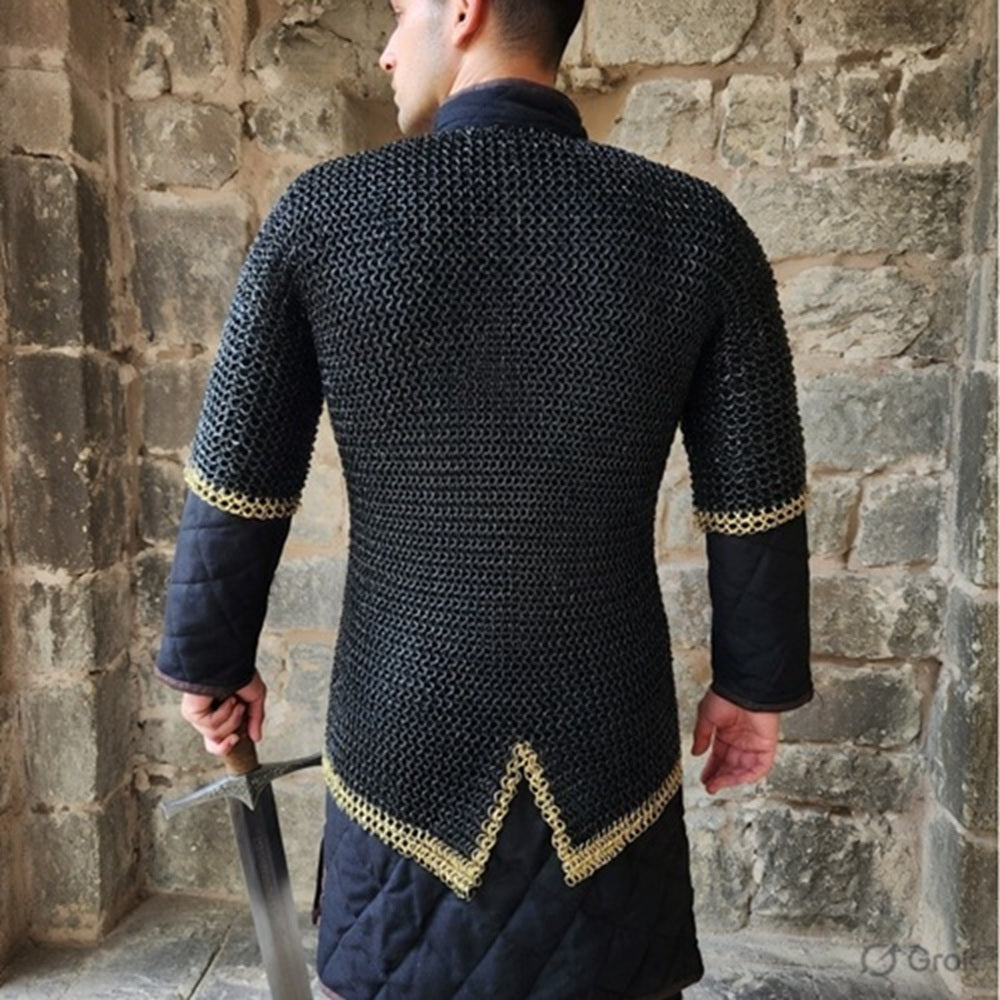 9mm Chainmail Haubergeon: Riveted Flat Ring Viking Shirt with Brass Trim for events