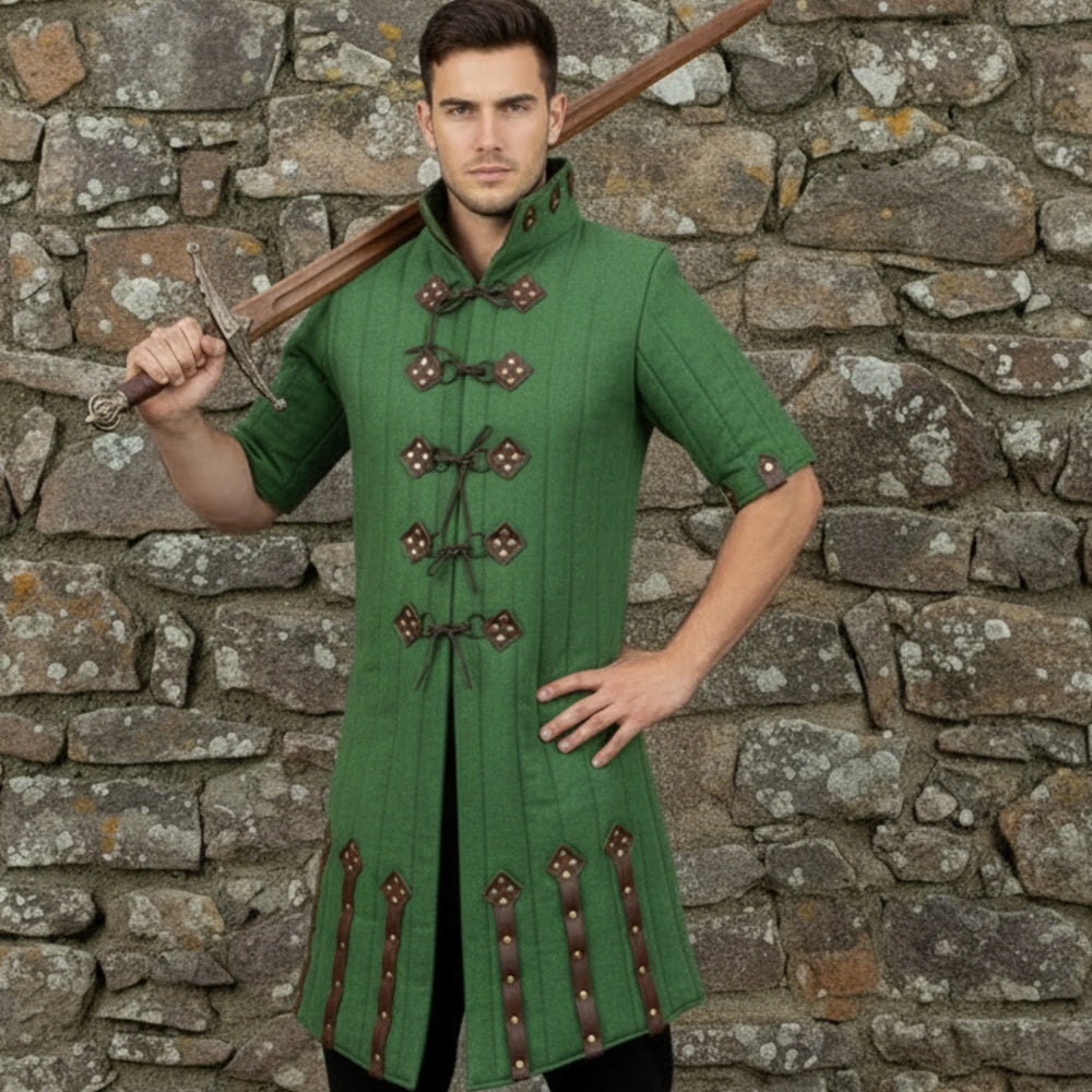 Medieval Blue Gambeson – Padded Armor Coat with Leather Closures for LARP & Ren Faire