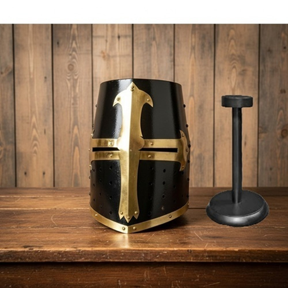 Templar Crusader Helmet – Black Brass Medieval Knight Helm with  Stand
