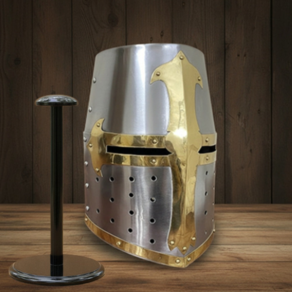 Medieval Brass Crusader Templar Helmet with Wooden Display Stand – Gift Item