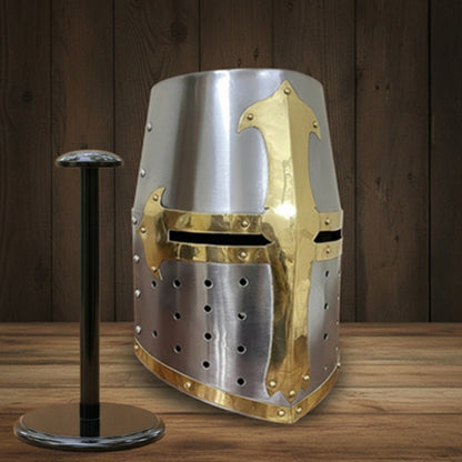 Medieval Brass Crusader Templar Helmet with Wooden Display Stand – Gift Item