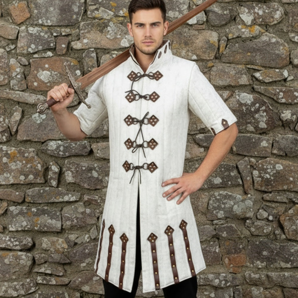 Medieval Blue Gambeson – Padded Armor Coat with Leather Closures for LARP & Ren Faire