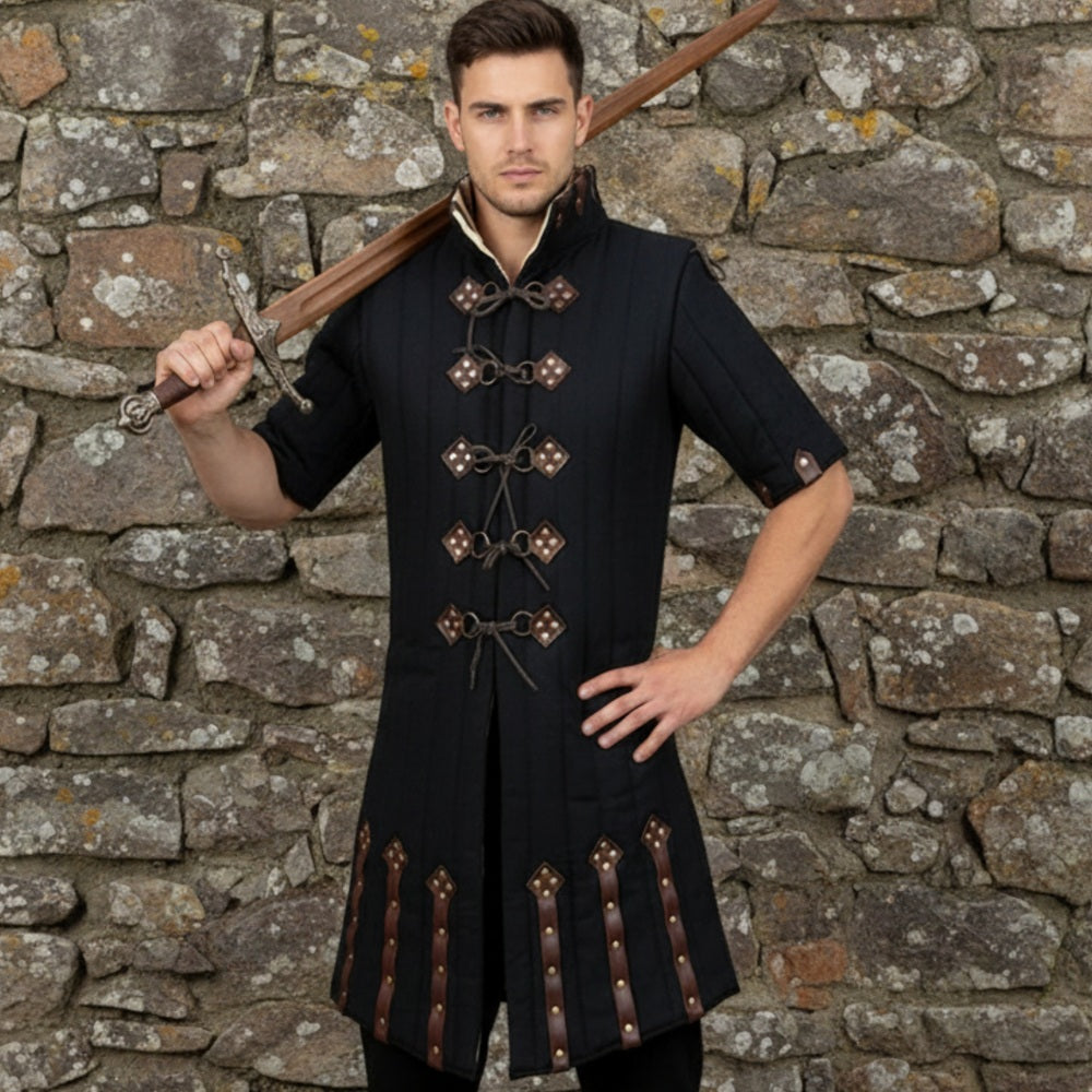 Medieval Blue Gambeson – Padded Armor Coat with Leather Closures for LARP & Ren Faire