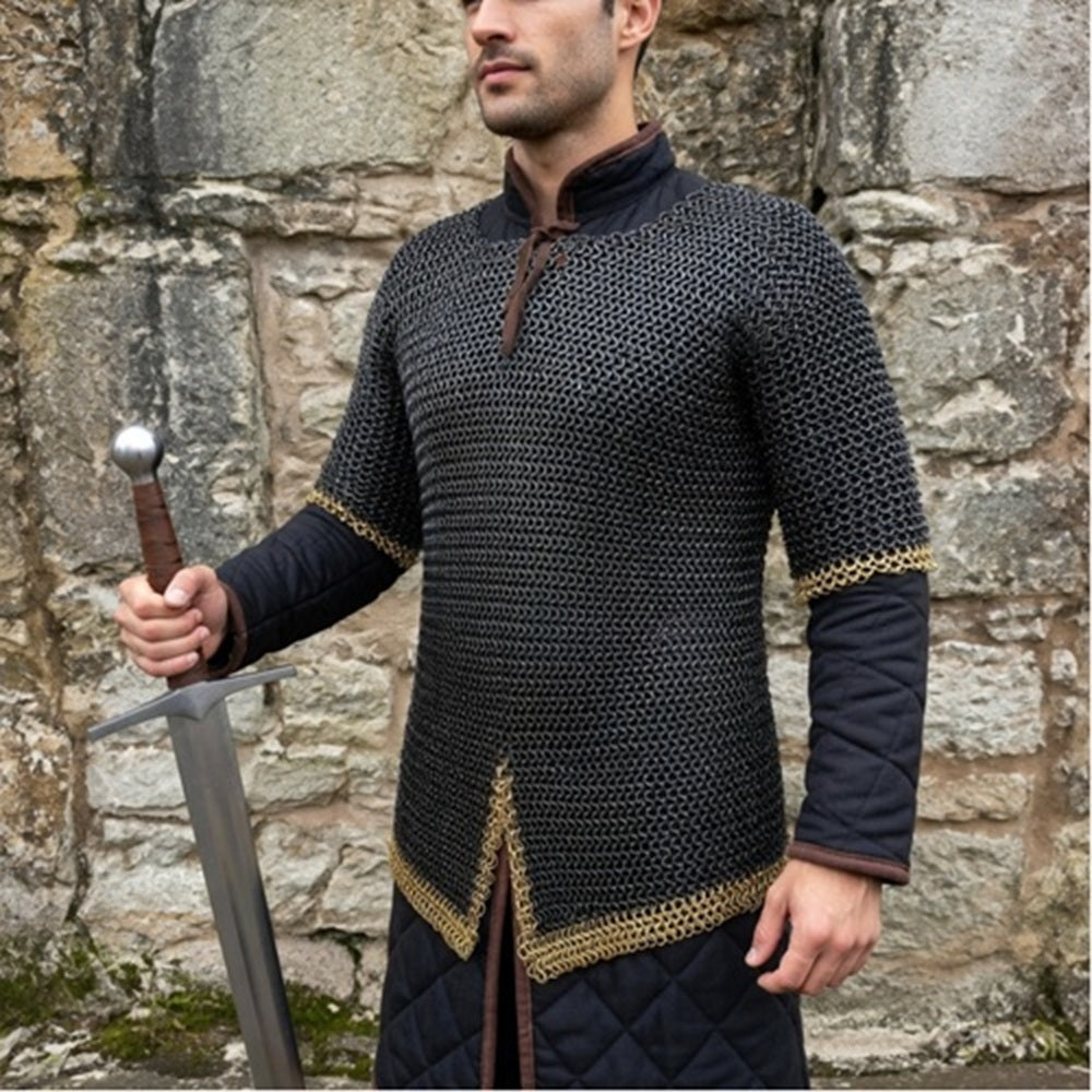 9mm Chainmail Haubergeon: Riveted Flat Ring Viking Shirt with Brass Trim for events