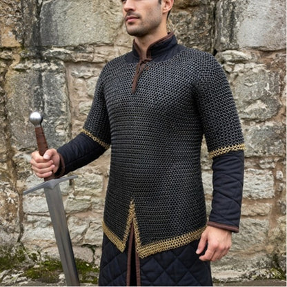 9mm Chainmail Haubergeon: Riveted Flat Ring Viking Shirt with Brass Trim for events