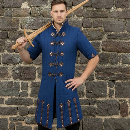 Medieval Blue Gambeson – Padded Armor Coat with Leather Closures for LARP & Ren Faire