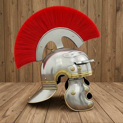 Roman Centurion Helmet with Red Plume & Wooden Stand Free