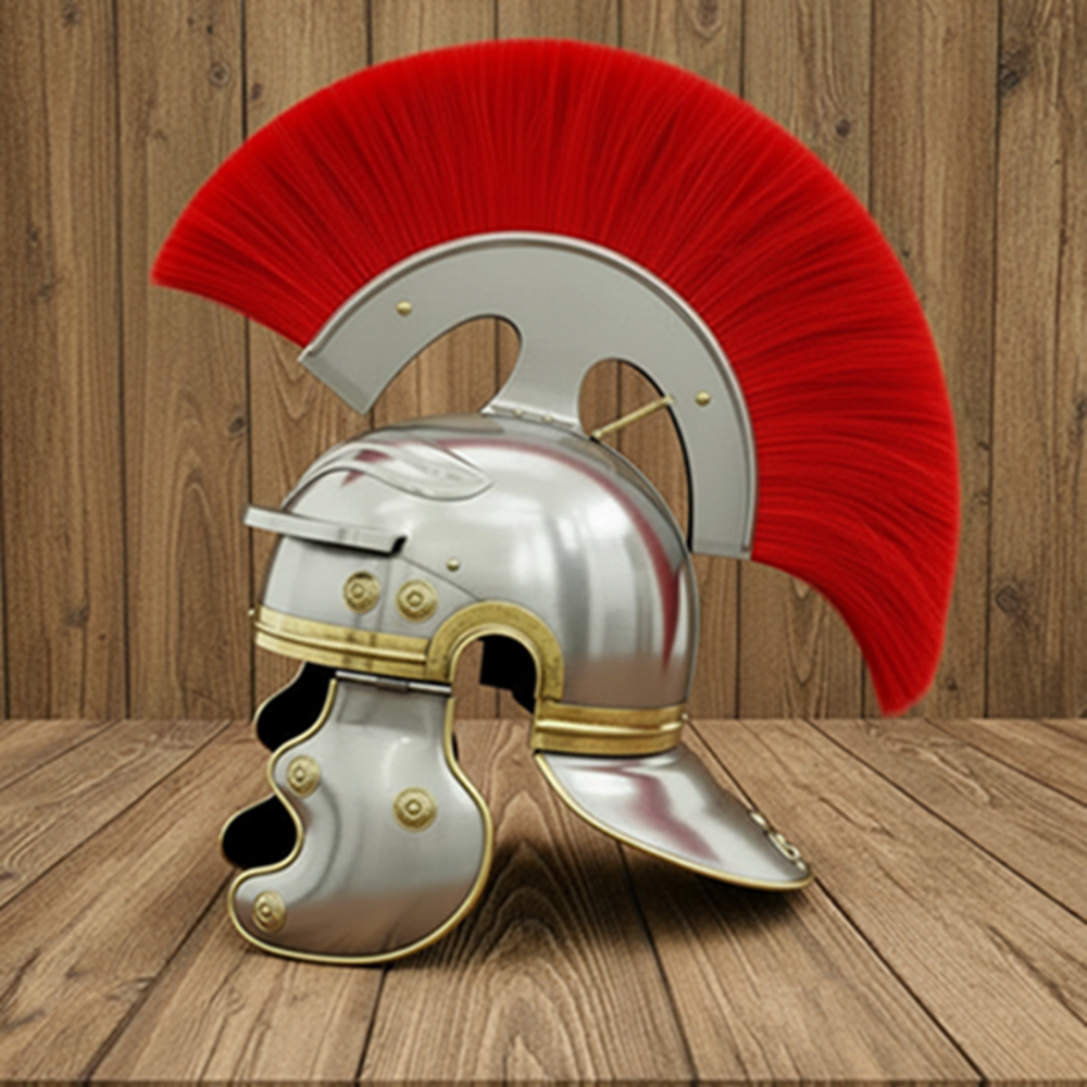 Roman Centurion Helmet with Red Plume & Wooden Stand Free